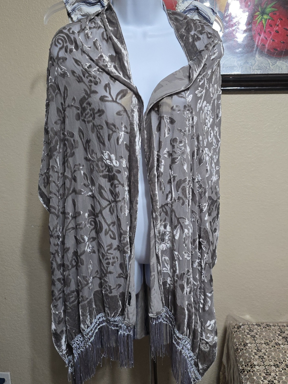 Velvet Floral Fringe Cape in Taupe